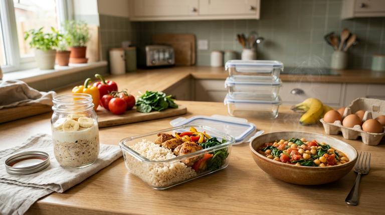 Vorbereitete Meal-Prep-Gerichte mit Reis, Hähnchen, Gemüse und Overnight Oats auf einer Küchenarbeitsplatte